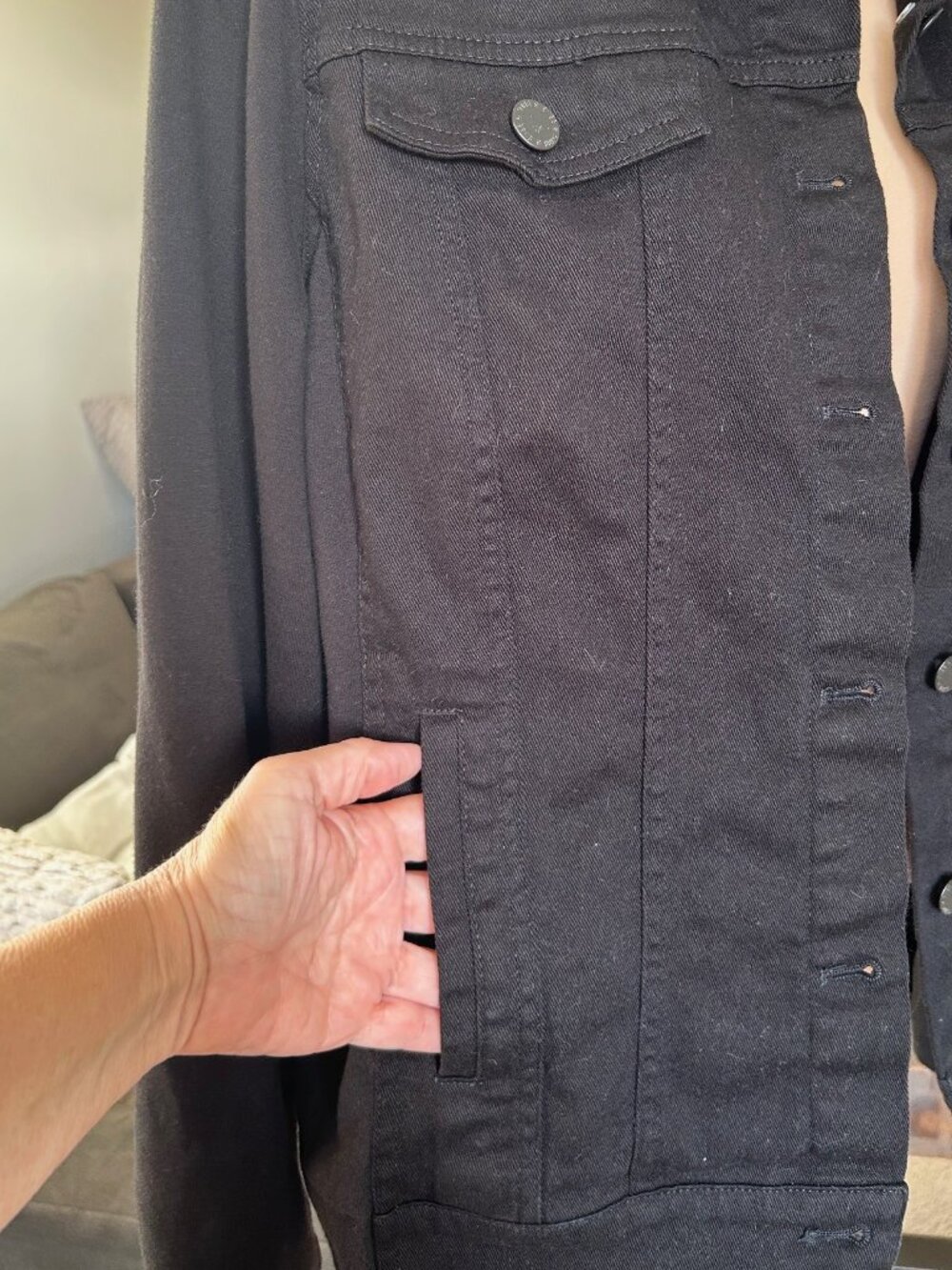 BELLE BY KIM GRAVEL Black Twill Denim Trucker Jacket Knit Back & Sleeves M EUC - Picture 11 of 11